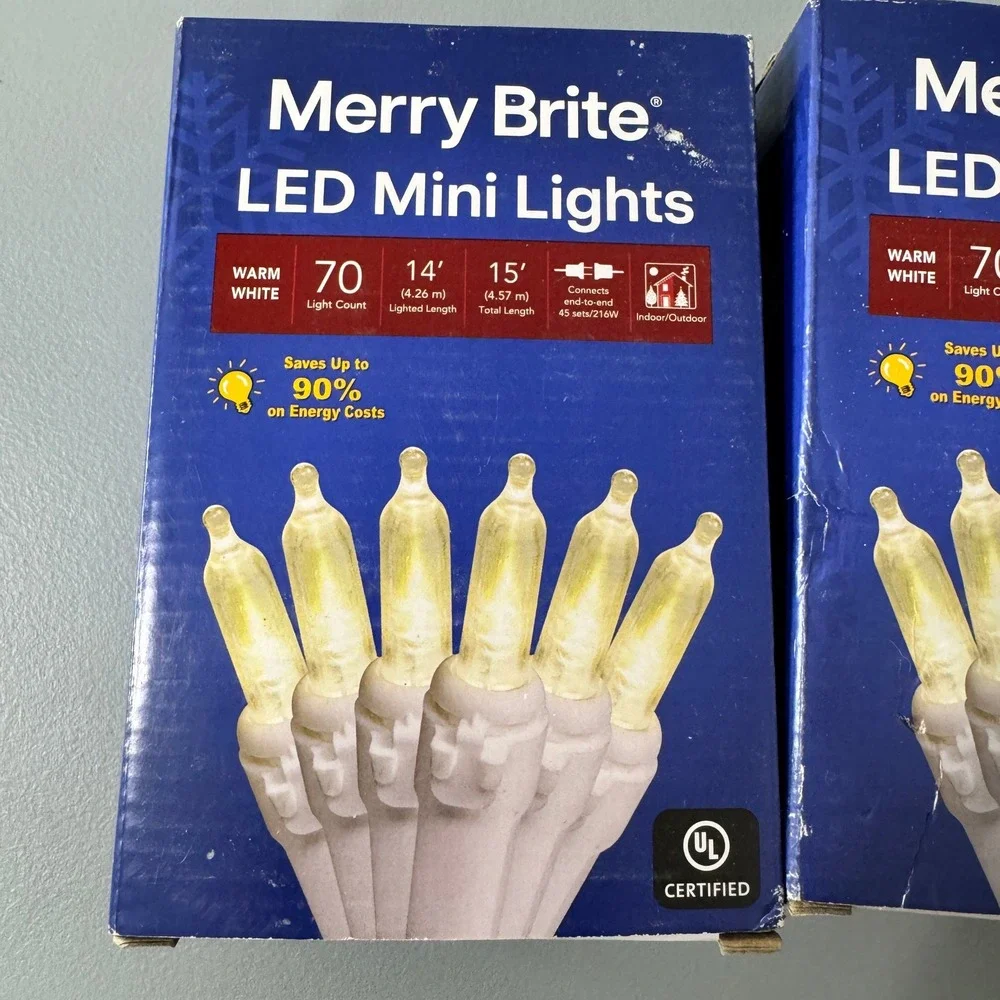 Merry Brite 70 Count Warm White LED Mini‎ Lights Indoor Outdoor2 Boxes Total